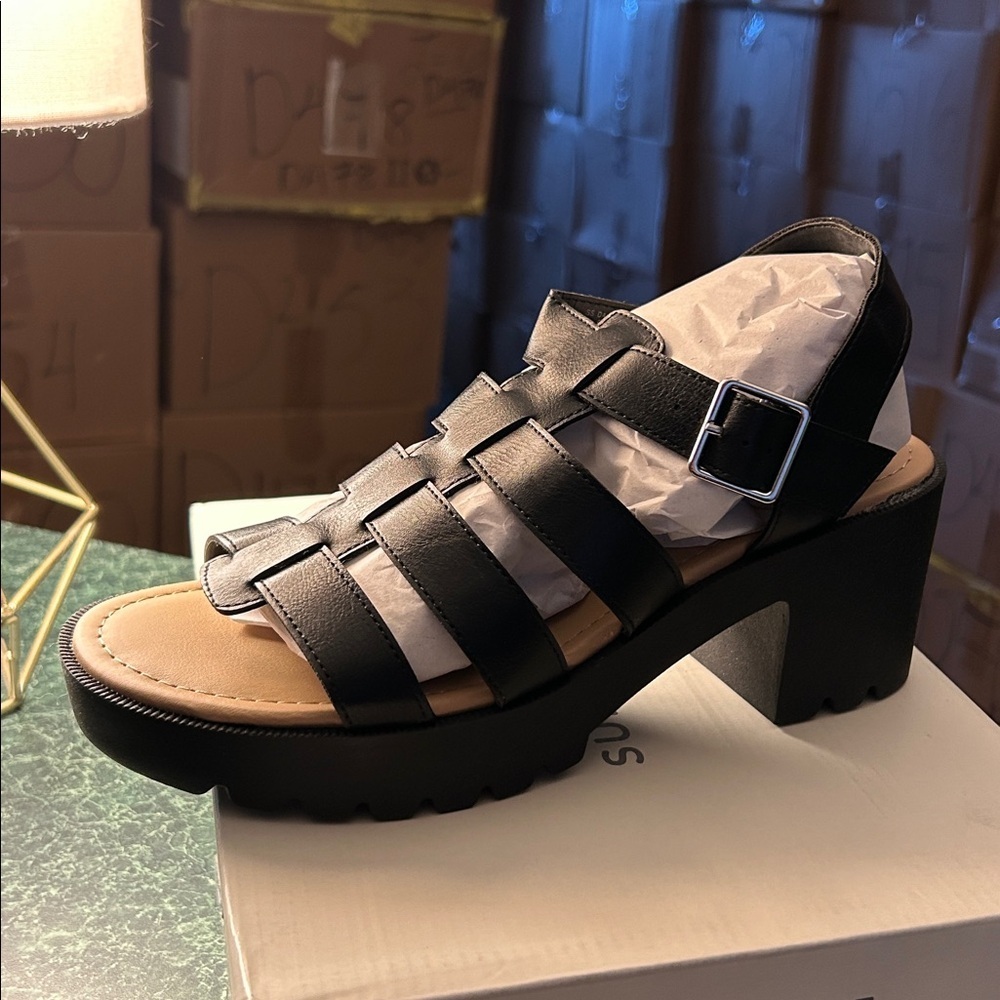 Sun + Stone Black Chunky Heel Sandals